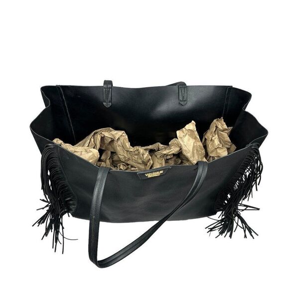 Victoria's Secret Women's Black Faux Leather Fringe Tote‎ Shoulder Bag - Picture 2 of 13